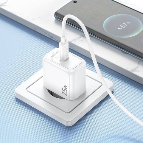 Мережевий зарядний пристрій Hoco CS53A, 25 Вт, Power Delivery (PD), білий, з кабелем USB тип-C до USB тип-C, 1 порт, #6942007631501 Прев'ю 1