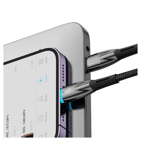 USB кабель Baseus Glimmer, USB тип-C, Lightning, 100 см, 20 Вт, черный, с индикатором, в нейлоновой оплетке, #CADH000001 Превью 1