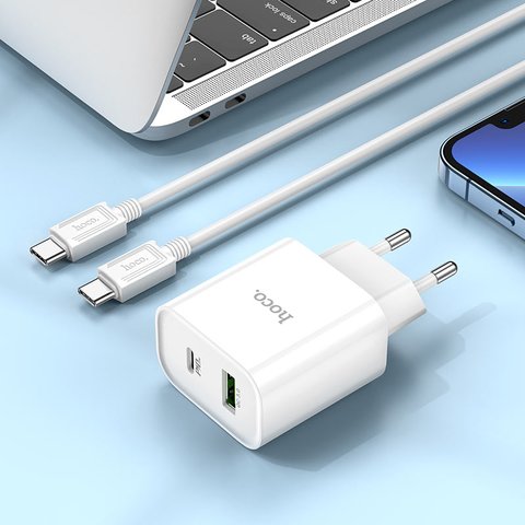 Мережевий зарядний пристрій Hoco C80A Plus, 20 Вт, Power Delivery (PD), білий, з кабелем USB тип-C до USB тип-C, 2 порта, #6931474779908 Прев'ю 3