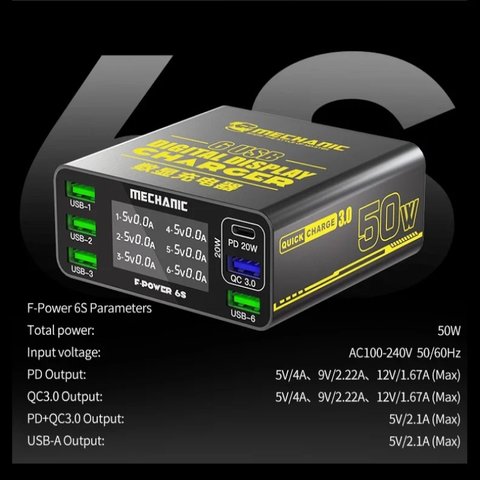 Мережевий зарядний пристрій Mechanic F-Power 6S, 50 Вт, Quick Charge, Power Delivery (PD), 6 портів Прев'ю 1